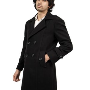 Men's Black Breasted Wool Blend Overcoat